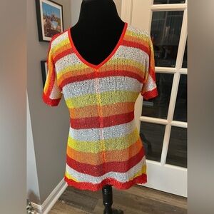 Dolce Cabo micro mesh sequined striped v neck cold shoulder top sz M NWT